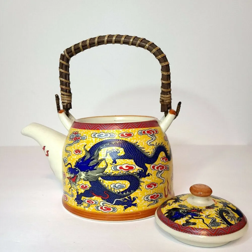Mia Ko's Blue Dragon & Yellow Ceramic Textured Teapot‎ Chinese Dragon Loong Lung